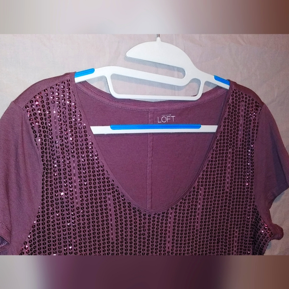 Plum Colored LOFT Top with Sequins ~ Size Large - Picture 6 of 11